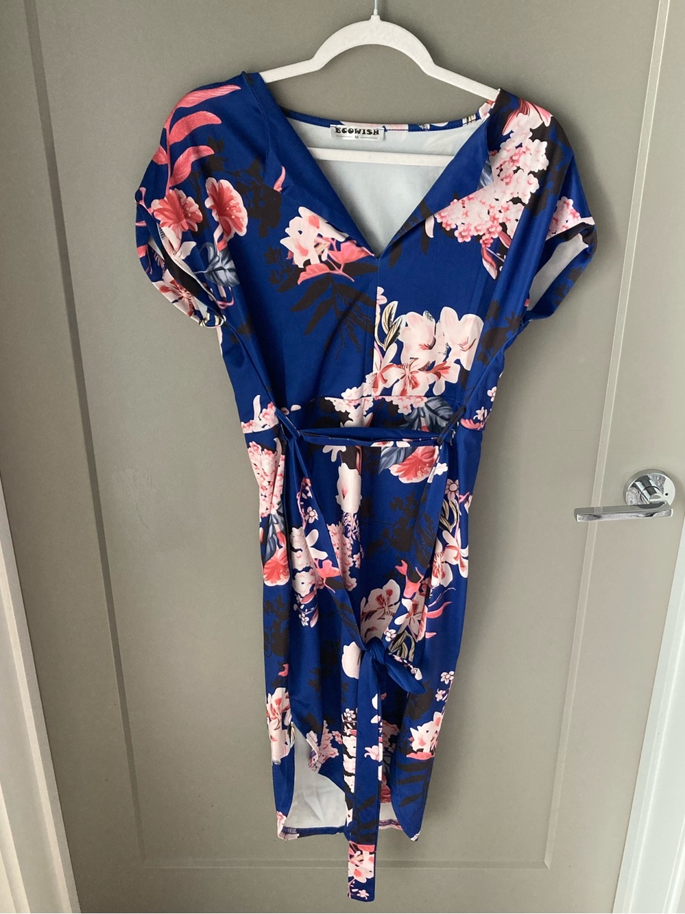Wish Royal Blue Floral Wrap Midi Dress with Waist Tie
